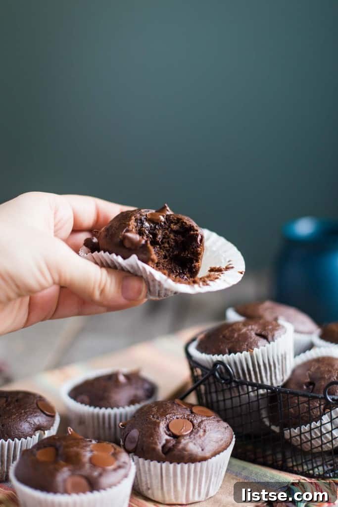 Plant-Powered Double Chocolate Muffins 3 Artfully arranged Double Chocolate Vegan Muffins for a photo shoot