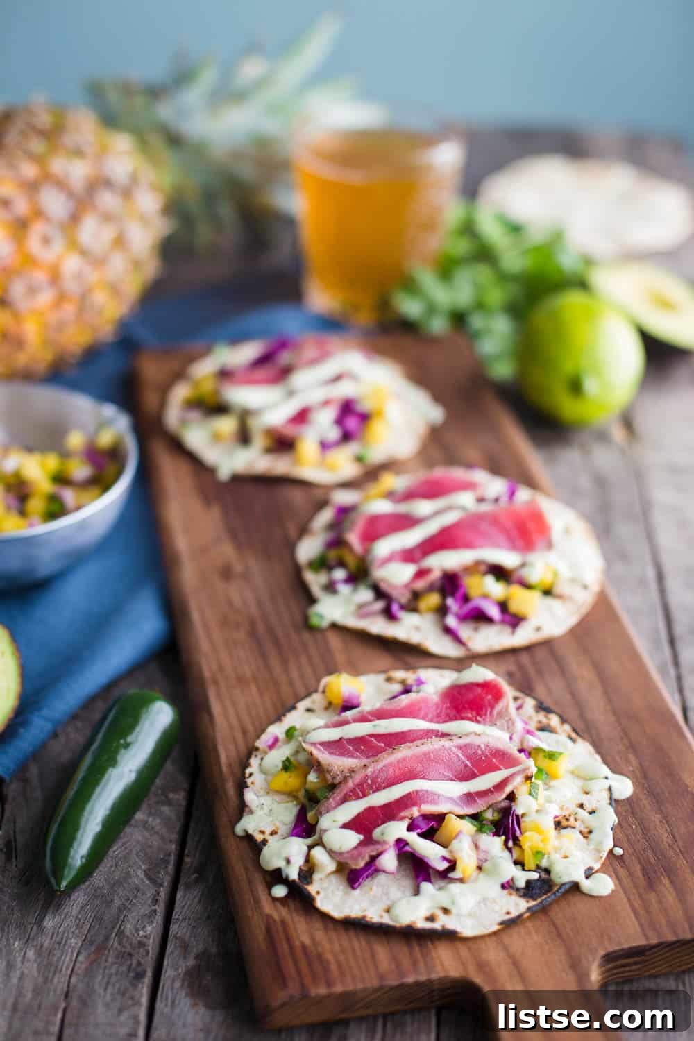 Delicious Ahi Tuna Tacos featuring a homemade Chunky Pineapple Salsa
