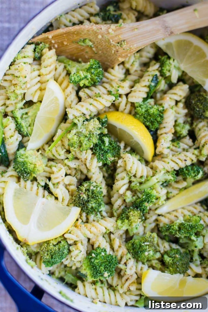Zesty Plant-Based Lemon Broccoli Pasta Salad 3 The final delicious mixture of pasta, broccoli, spinach, lemon, garlic butter, and vegan parmesan cheese.