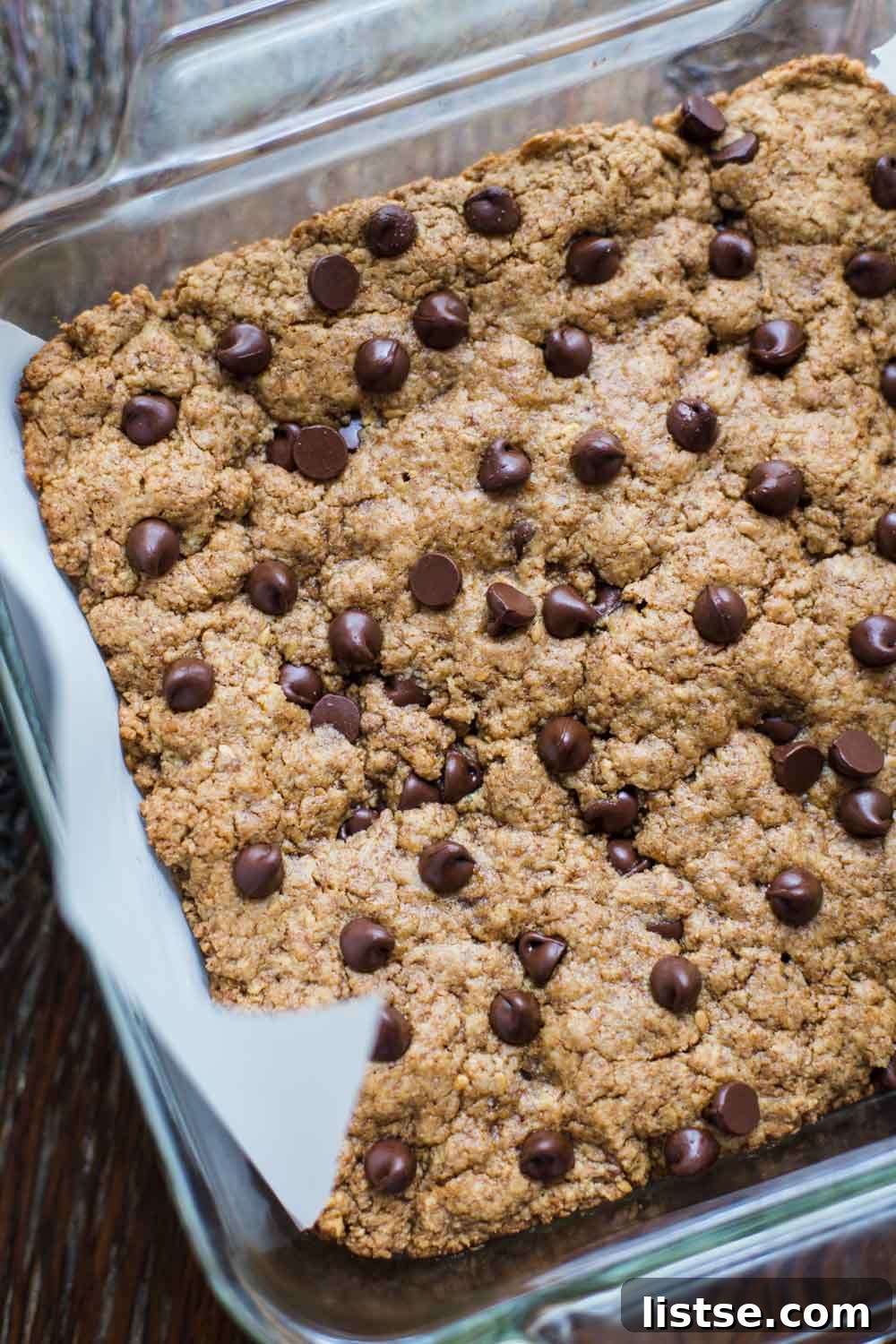 Freshly baked Vegan Almond Butter Chocolate Chip Cookie Bars