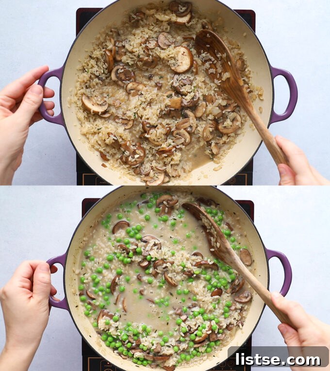 Quick and Creamy Vegan Risotto 6 cooking vegan mushroom risotto in a large pot