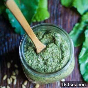 Finished Beet Greens Pesto ready to be served, showcasing its vibrant color and fresh appeal.