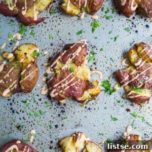 Perfectly crispy smashed red potatoes with a golden-brown finish, ready to be served.