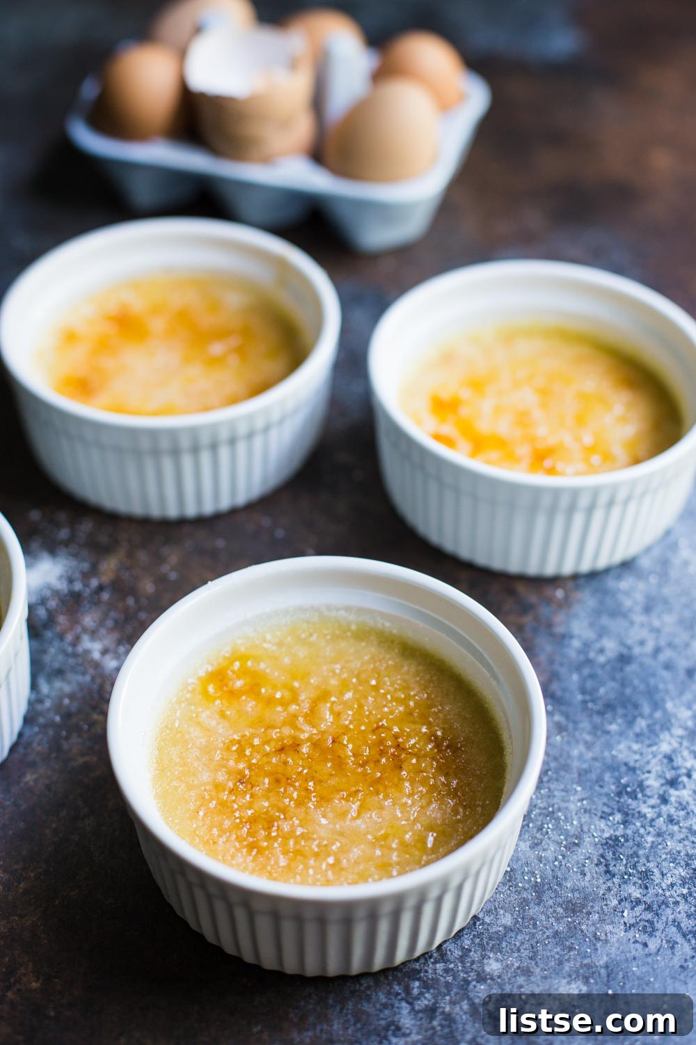 Close-up of a Dairy-Free Crème Brûlée with a perfect caramelized sugar crust.