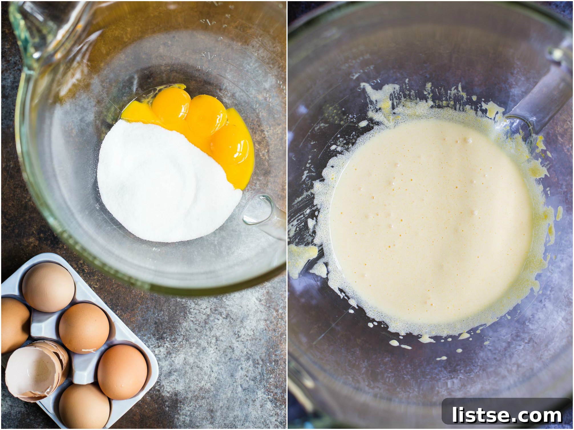 Ingredient preparation for Dairy-Free Crème Brûlée, showing a bowl of egg yolks and sugar.