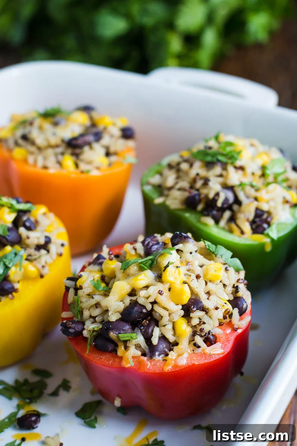 Loaded Burrito Stuffed Peppers 4 Prepared filling for vegan stuffed peppers with black beans, corn, and rice.