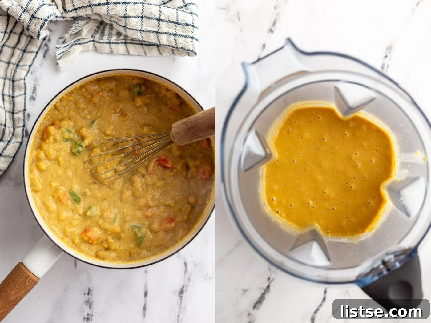 side by side images. Left: vegan ingredients for salsa con queso in a pot. Right image: those same ingredients in a blender base and all blended up