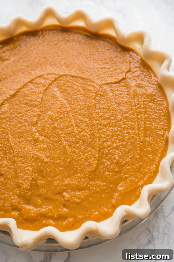 vegan pumpkin pie filling poured into the crust