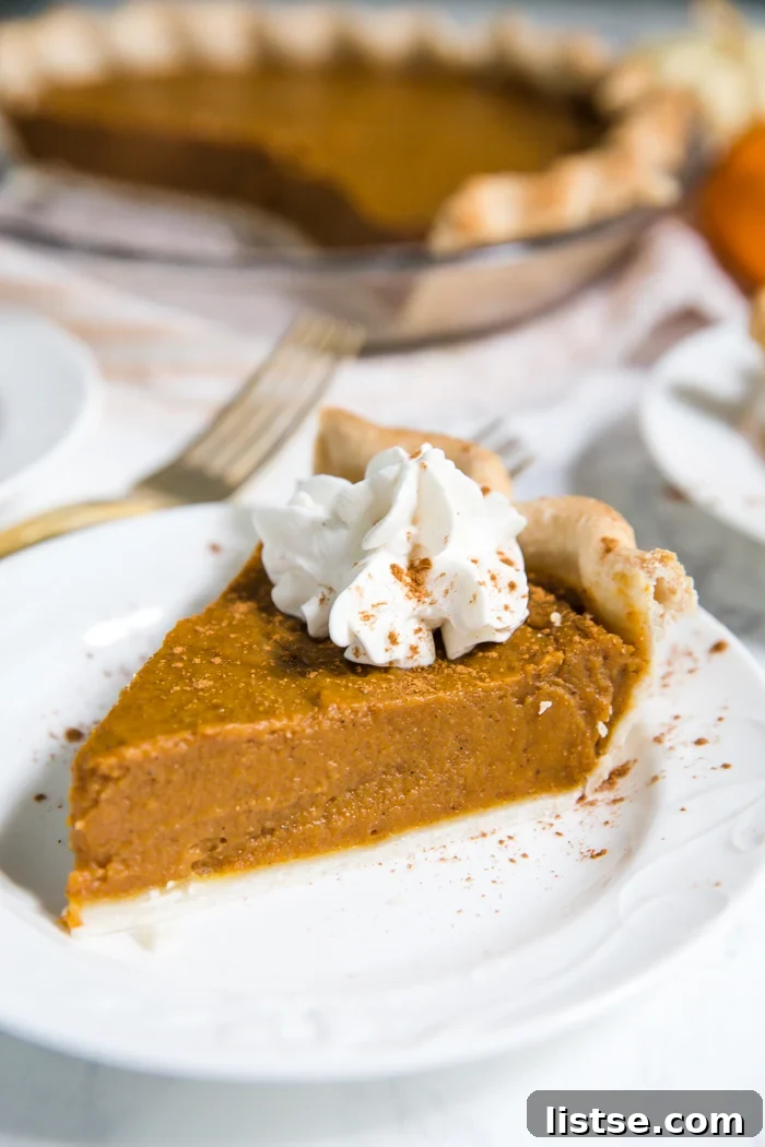 slice of vegan pumpkin pie on a white plate with whipped cream and cinnamon on top. Full pie in the background