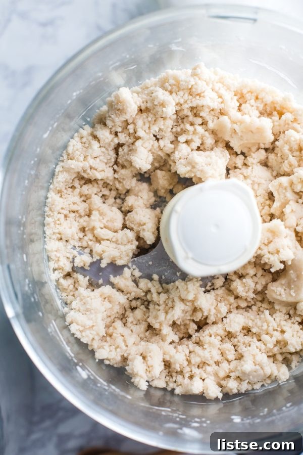 The food processor mixing flour, salt, sugar, and solid coconut oil for a dairy-free pie crust dough