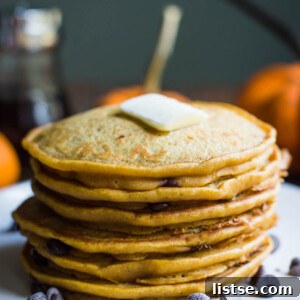 Pumpkin Spice Chocolate Chip Vegan Pancakes, a delightful fall breakfast.
