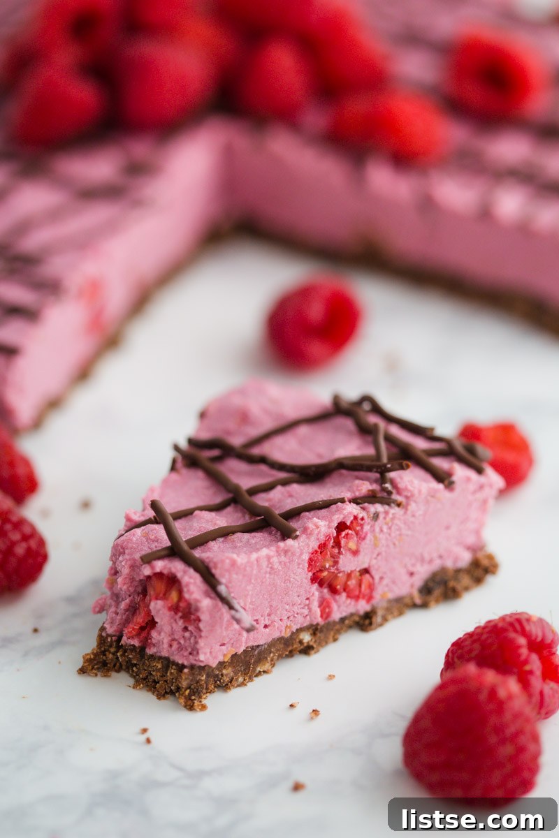 Freshly prepared Vegan Chocolate Raspberry Tart, featuring a dark chocolate drizzle and whole raspberries, ready to be served