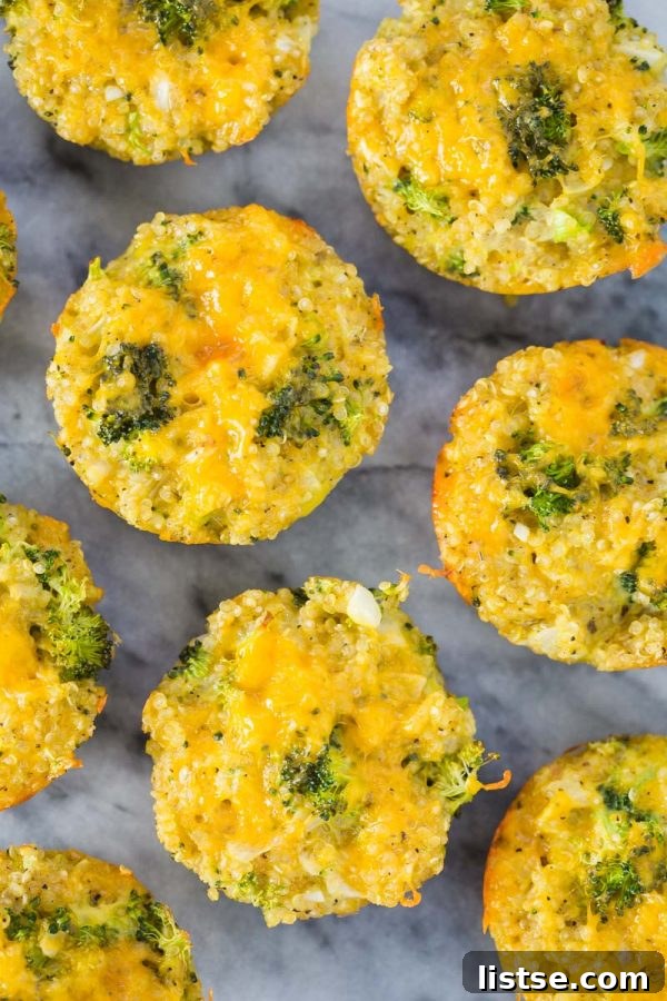 quinoa, cheddar cheese, and broccoli bites on a marble board