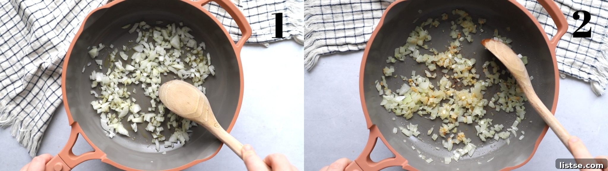 Left image: Pink skillet with diced onion cooking in olive oil. Right image: Minced garlic added to the translucent onions in the skillet.