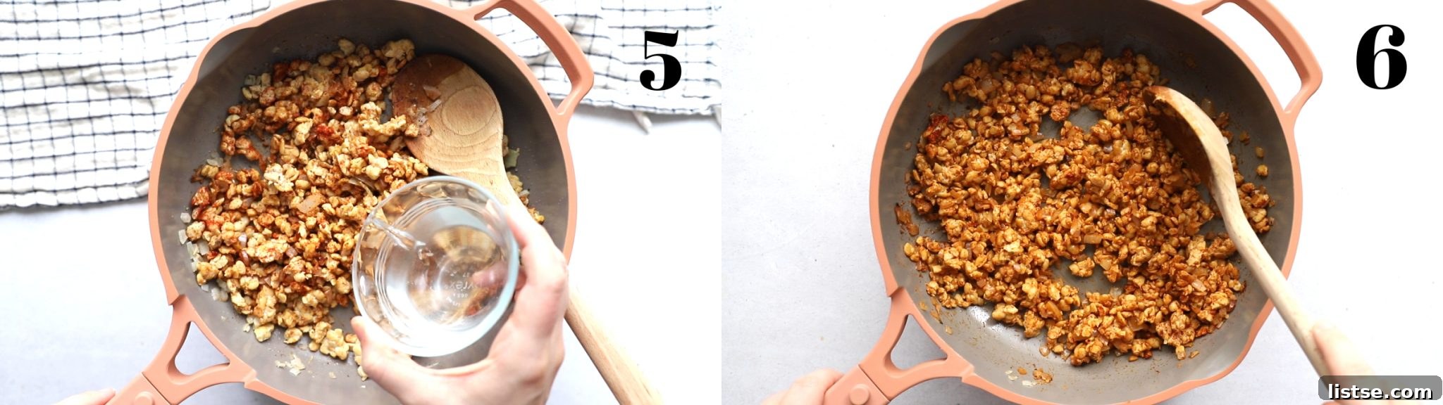 Left image: Crumbled tempeh with spices sprinkled on top in a skillet. Right image: Tempeh and spices fully mixed and cooking in the skillet.