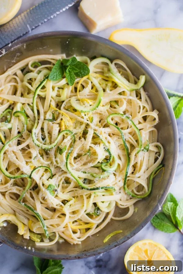 Zoodle Linguine 2 Fresh Zucchini Linguine with spiralized zucchini noodles, linguine pasta, lemon, and mint, a perfect quick vegetarian dinner.