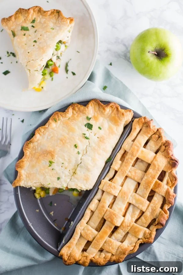 Dual Delights Pie Pan: Savory and Sweet 2 Split Decision Pie Pan: Dinner and Dessert - Chicken Pot Pie on one side and Apple Pie on the other!