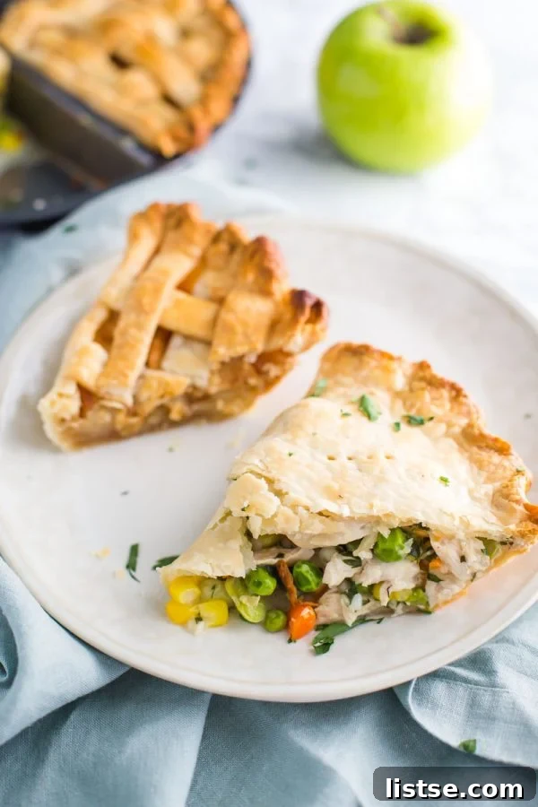 Dual Delights Pie Pan: Savory and Sweet 8 Close-up of the delicious Chicken Pot Pie and Apple Pie baked in the Split Decision Pie Pan