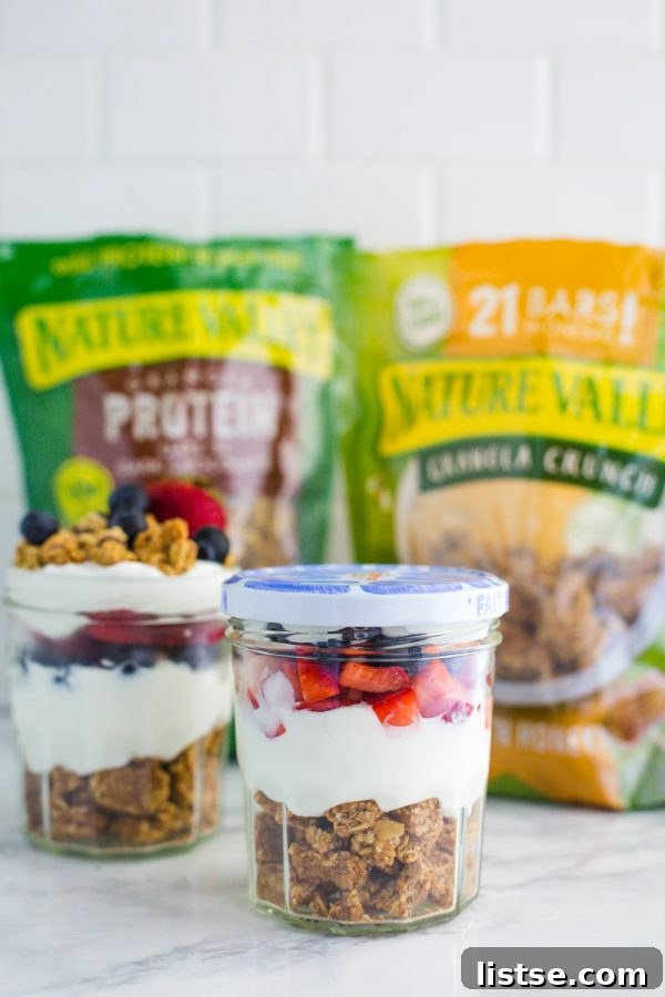 Smooth Moves Yogurt Parfait 6 A top-down view of a vibrant and healthy On-the-Go Yogurt Parfait made with Nature Valley granola and fresh fruit.