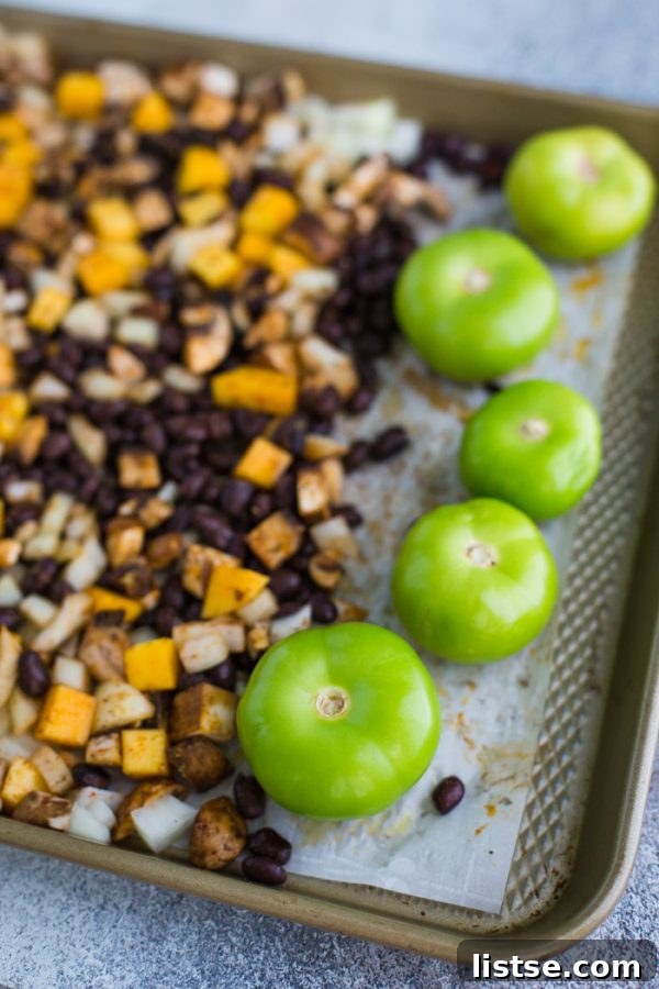 Sheet Pan Squash Tacos ingredients and final plate, emphasizing healthy and delicious vegan meal prep.