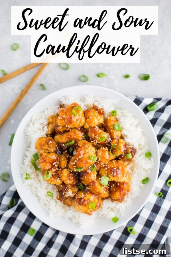 Sweet and Sour Cauliflower with a bold text overlay encouraging readers to try the recipe for a perfect vegan meal.