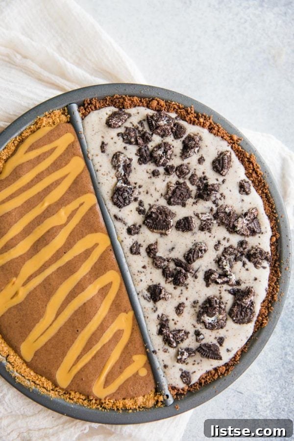 Balanced Bliss Pie 2 Two halves of an ice cream pie, one chocolate peanut butter and the other Oreo nice cream.