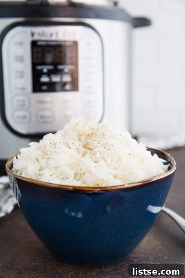 Fluffy Instant Pot Basmati Rice 3 Close-up of fluffy Instant Pot Basmati rice with individual grains visible, ready to be served