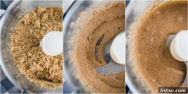 Progression of hazelnuts blending in a food processor, from coarse meal to a creamy, smooth butter.
