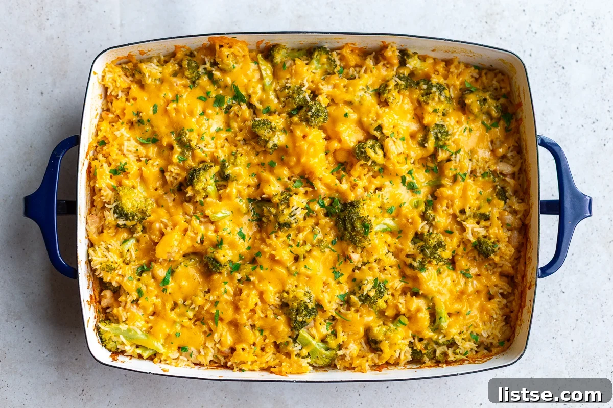 Large dish of freshly baked broccoli cheese rice casserole