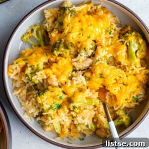 Cheesy broccoli and rice casserole in a bowl