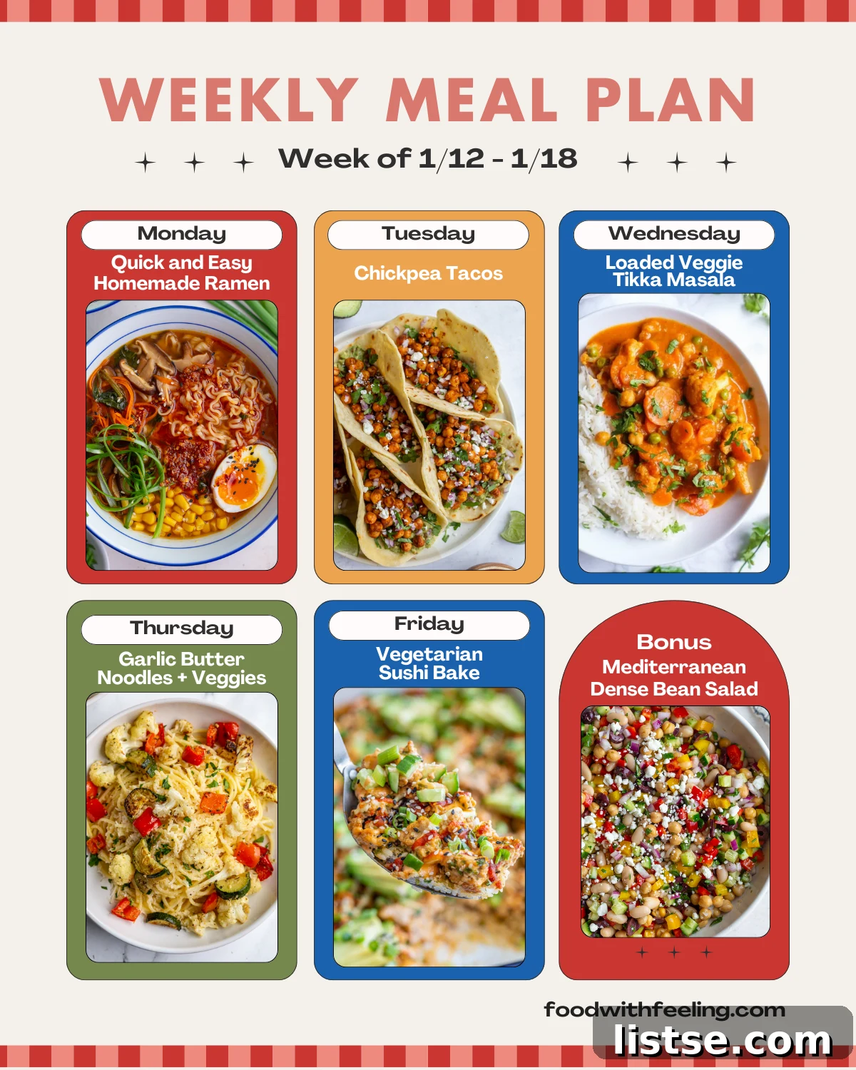 Dietary Blueprint Thirty 2 Weekly meal plan templates showing 6 different vegetarian recipes to cook, emphasizing healthy and vibrant plant-based dishes.