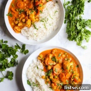 A hearty serving of Loaded Veggie Tikka Masala, garnished with fresh cilantro and served alongside fluffy rice.