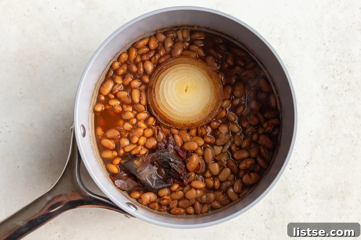Dried pinto beans simmering in a pot with half an onion, whole garlic cloves, and a dried chipotle pepper, illustrating the initial cooking phase