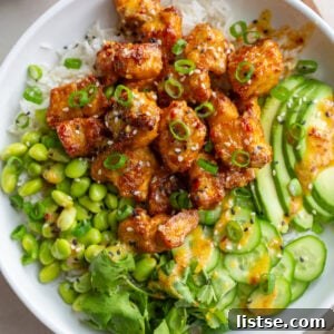 Crispy tofu bowls with edamame, cucumbers and avocado.