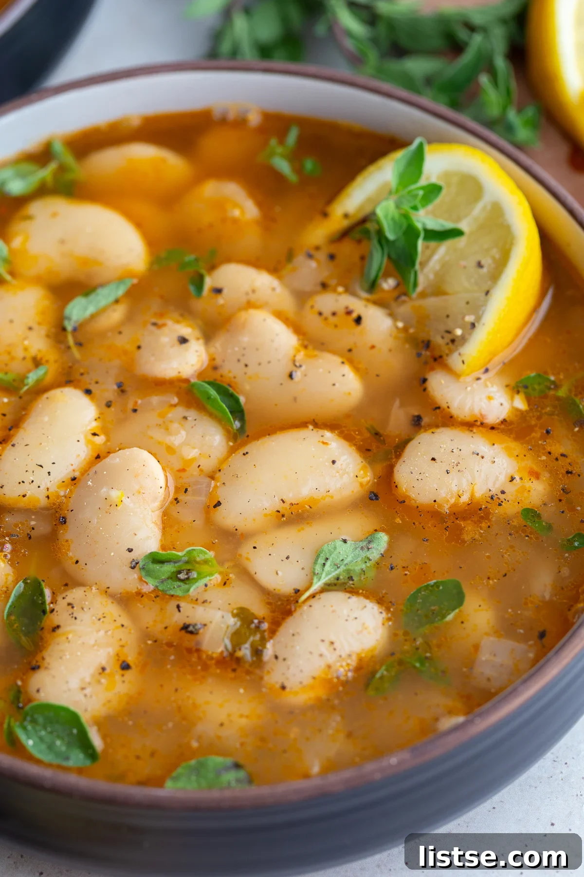 A close-up view of brothy beans in a white bowl, garnished with a single lemon wedge, ready to be enjoyed.