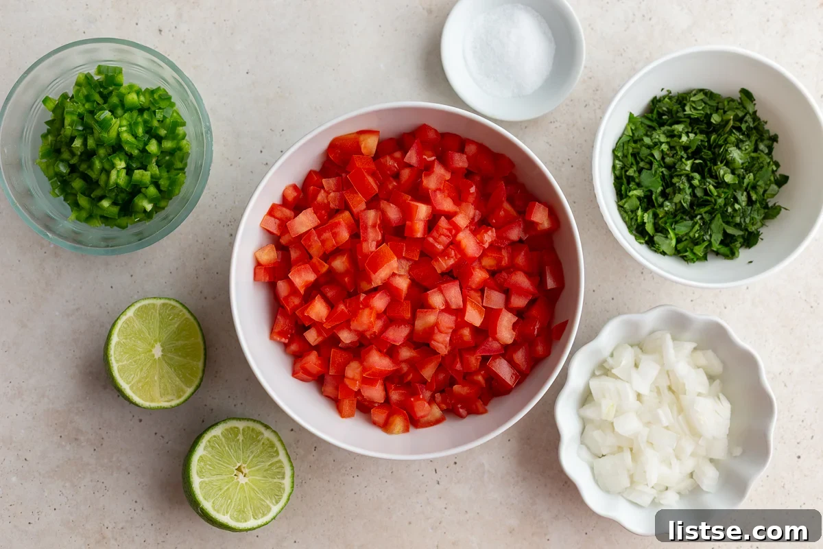 Crafting Perfect Pico de Gallo 4 ingredients needed to make pico de gallo including diced tomatoes, jalapeno, cilantro, onion and lime juice