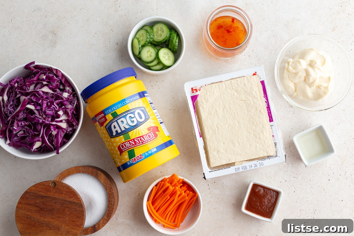 Crispy Bang Bang Tofu: Air Fry or Pan Fry 4 ingredients needed to make bang bang tofu including tofu, cornstarch, sweet chili sauce, mayo, etc