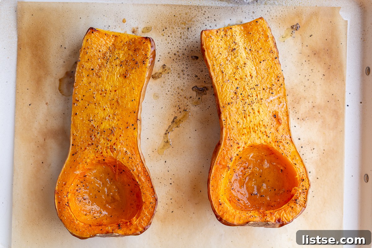 roasted butternut squash on a baking tray
