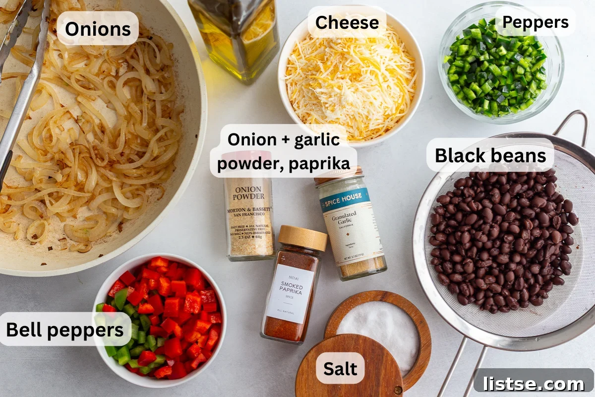 Effortless Meatless Quesadillas 4 Assortment of fresh ingredients for vegetarian quesadillas, including bell peppers, onions, poblano pepper, black beans, tortillas, and shredded cheese.