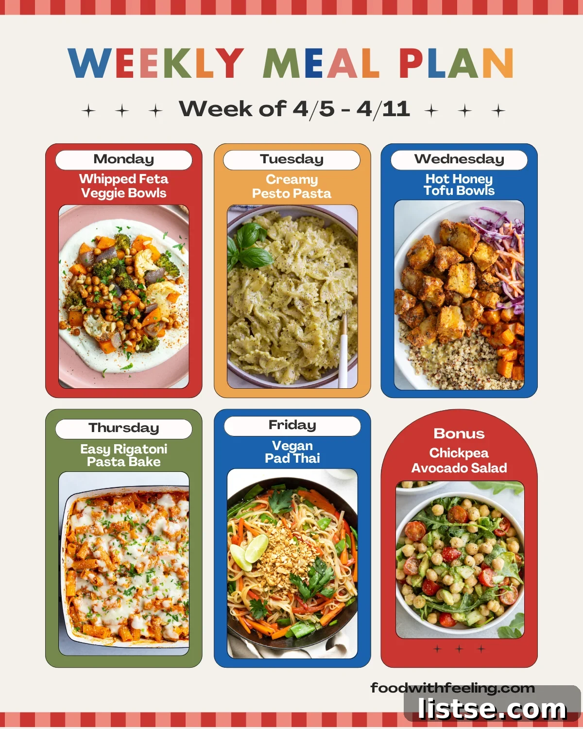 Balanced Meal Plan 38 3 A visual representation of this week's Food with Feeling meal plan, featuring an array of delicious and healthy vegetarian dishes.