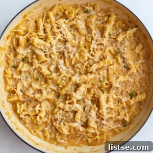 French onion soup pasta in a large skillet