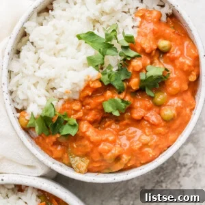 Lentil curry served over coconut rice.