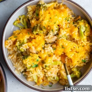 Cheesy broccoli and rice casserole in a bowl