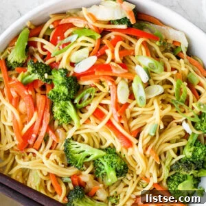 vegetable chow mein in a large bowl