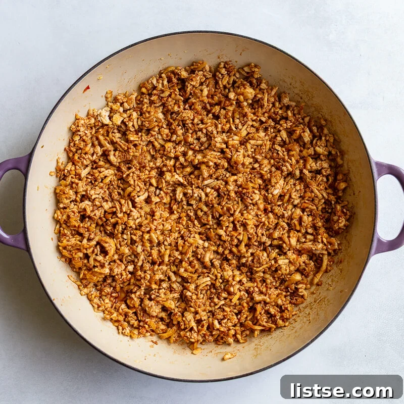 ground tofu meat in a large skillet
