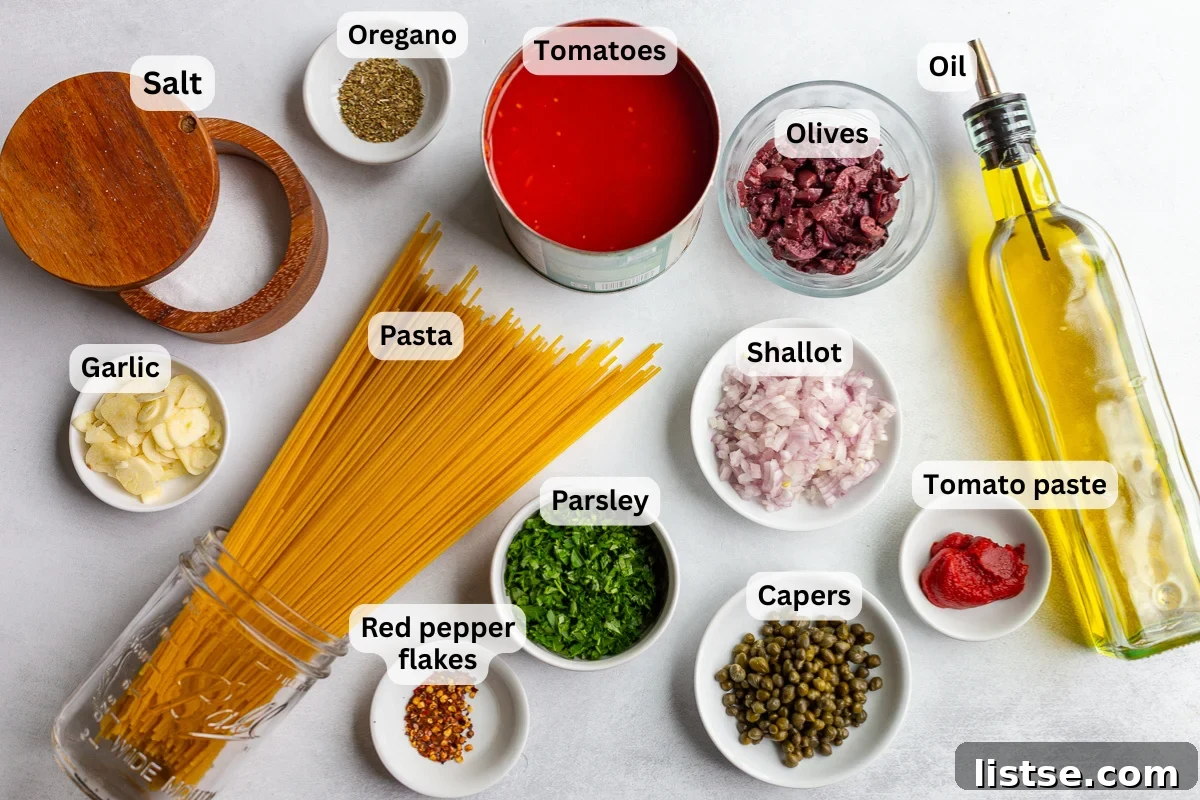 Classic Pasta Puttanesca Recipe with Anchovies and Olives 4 ingredients needed for pasta alla puttanesca including spaghetti, olive oil, capers, salt, herbs, shallot, etc