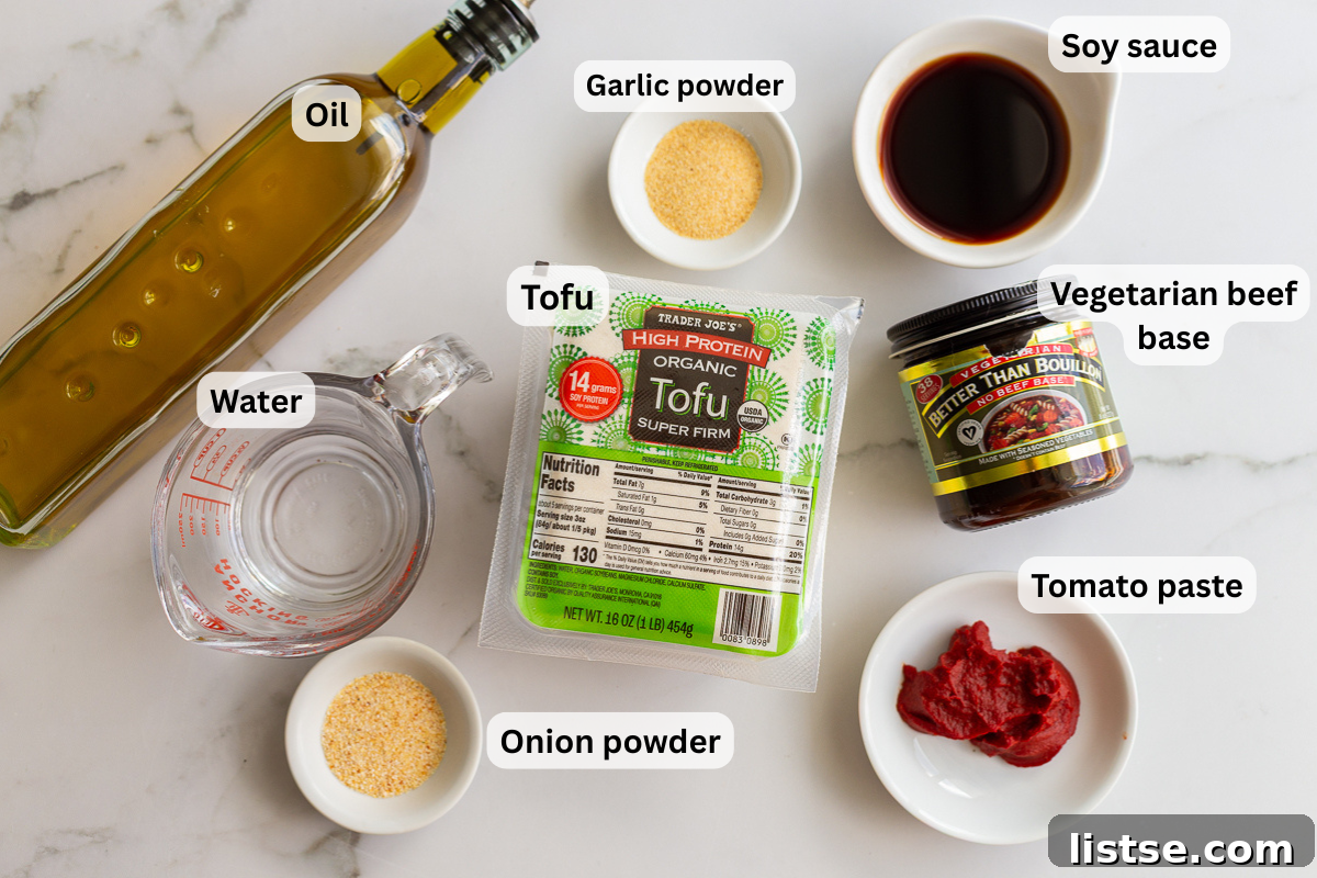 Tofu Ground Beef Recipe: Plant-Based Crumble for Any Dish 4 ingredients needed for tofu ground beef including tofu, soy sauce, tomato paste, garlic and onion powder, oil, and beef broth base