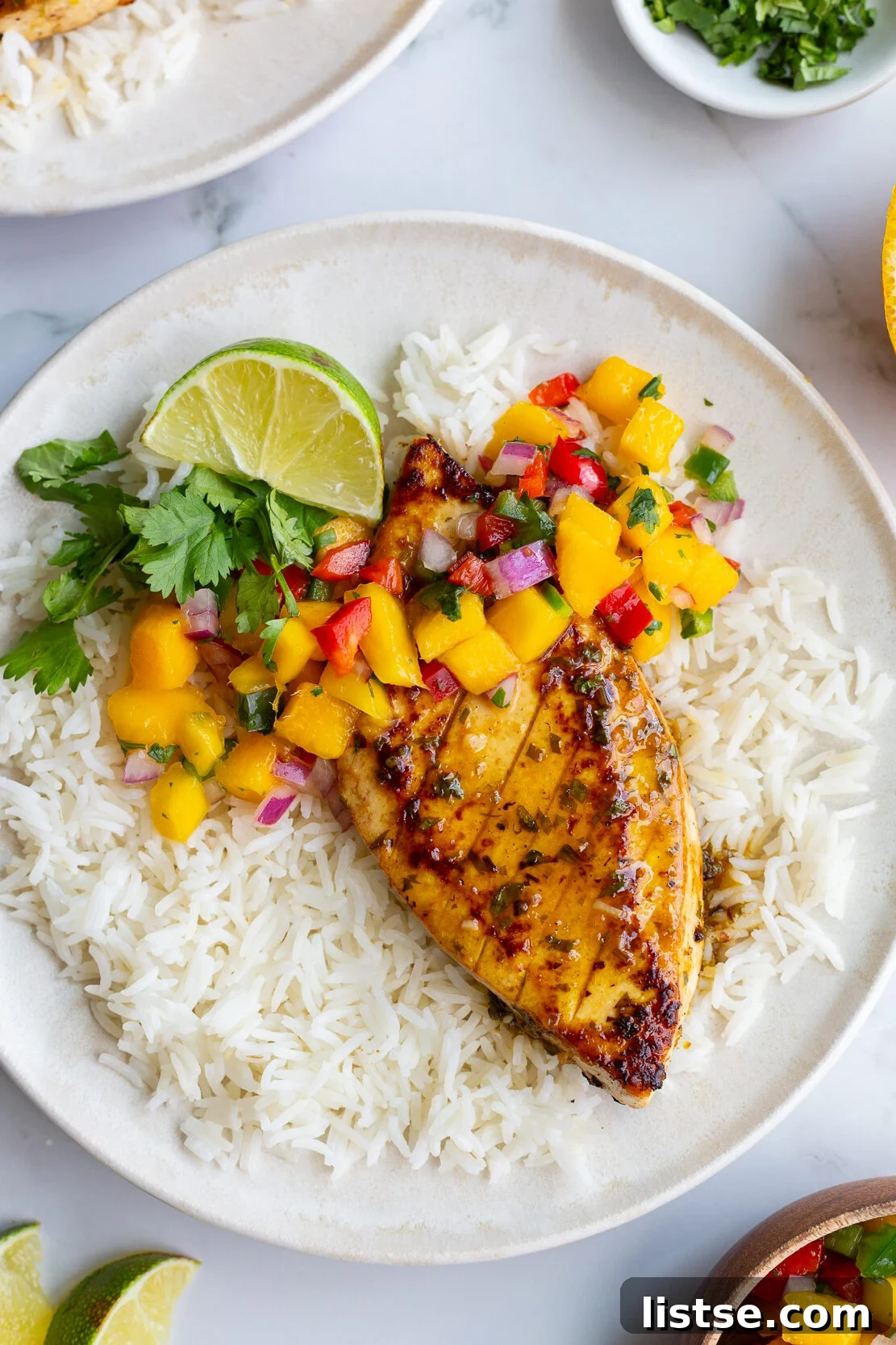 Cilantro-Lime Tofu with Fresh Mango Salsa 10 cilantro lime tofu that looks like grilled chicken with a mango salsa on top. all on a bed of rice
